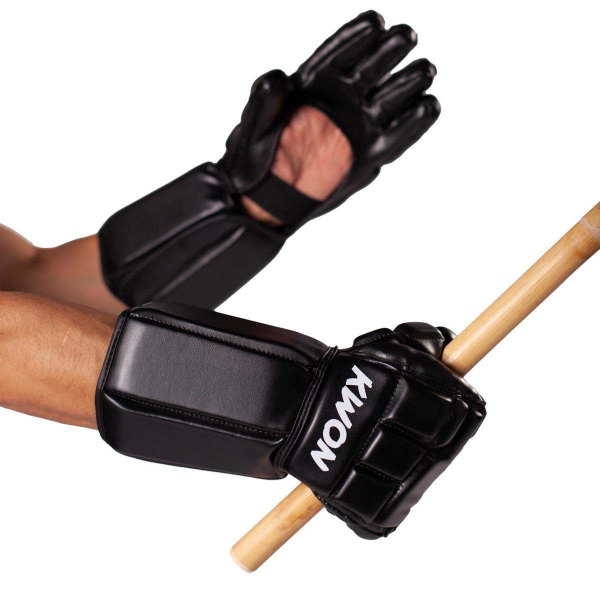 Black Gants Kwon gloves with foam padding and open palm, designed for Kali, Eskrima, and baton training.