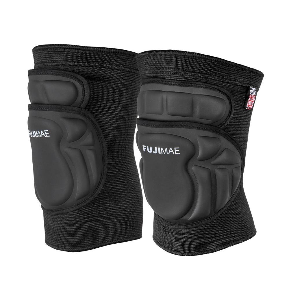 Black FUJIMAE ProSeries knee pads with ergonomic padding for martial arts and self-defense.