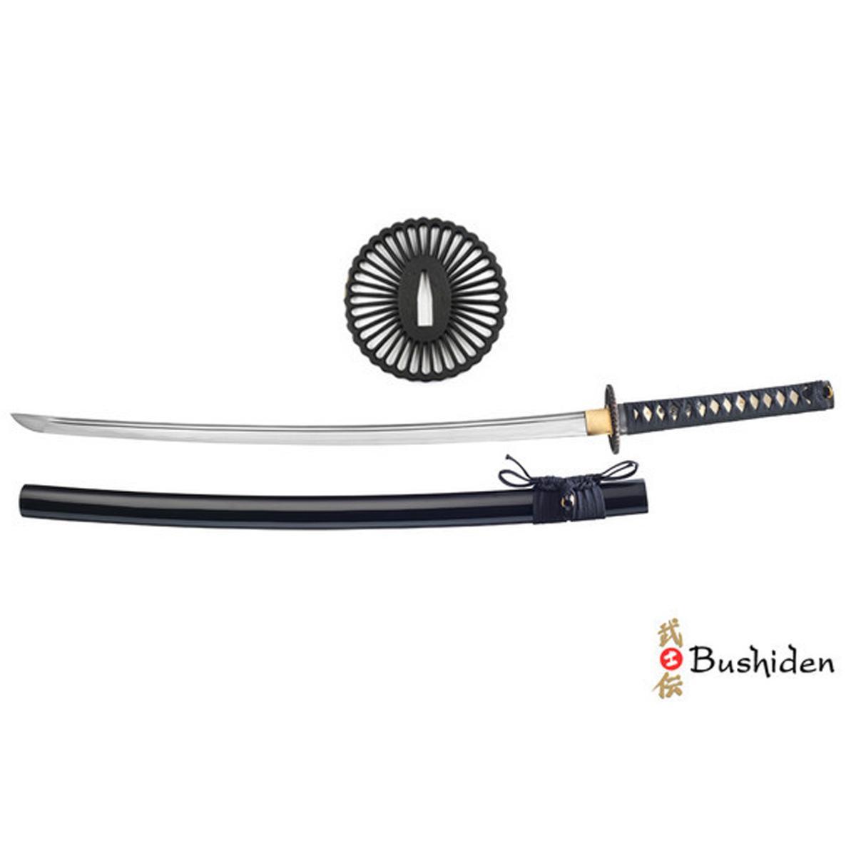 Iaïto sabre d'entraînement Bushiden 71 cm carbon steel blade with black saya and traditional Japanese handle wrapping