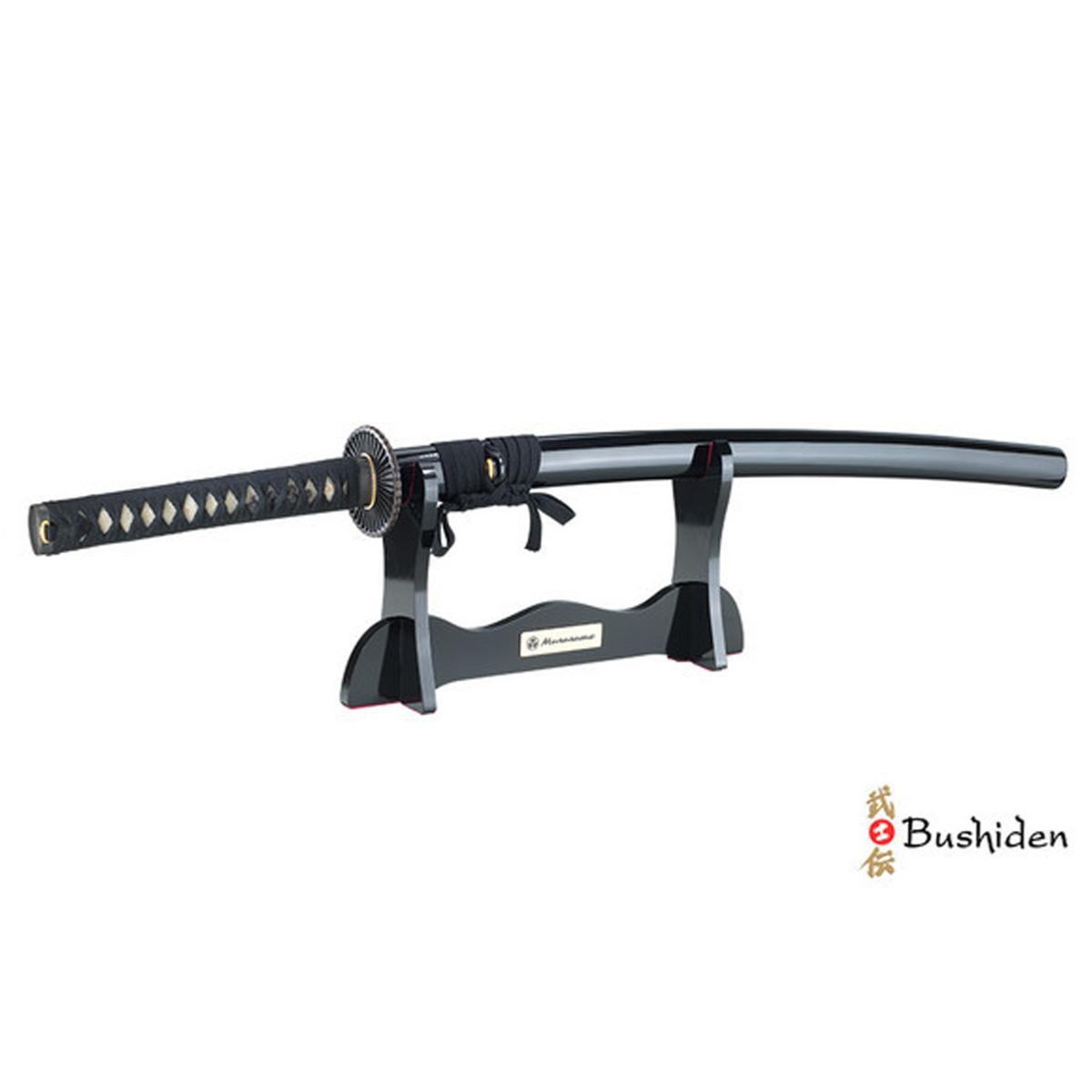 Iaïto training sword Bushiden with 71 cm carbon steel blade and black wooden saya on stand