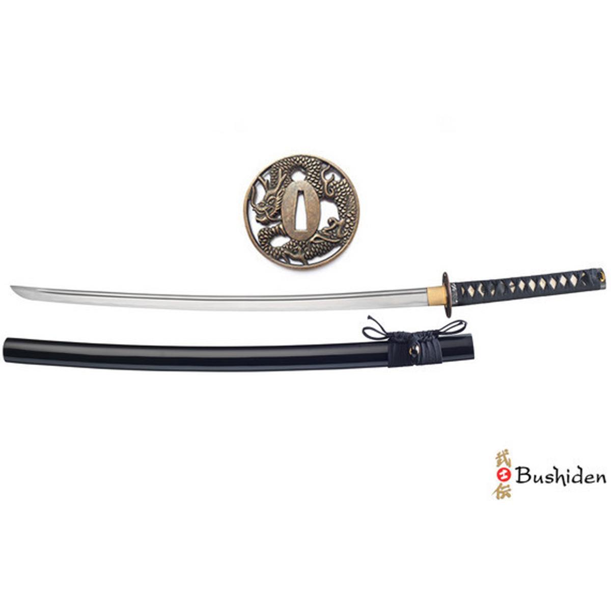 Iaïto Bushiden training sword with 69 cm carbon steel blade, black wooden saya, dragon motif tsuba, and cotton sageo for Iaido and Kendo practice.