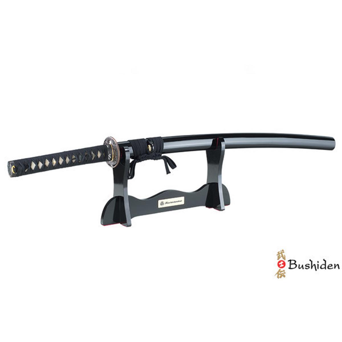 Iaïto Bushiden training sword with 69 cm carbon steel blade and black wooden saya on stand