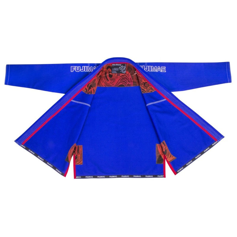 Blue Jiu Jitsu Brésilien Gi Shaka by FUJIMAE with red accents and interior print, 100% pre-shrunk cotton Pearl Weave jacket.