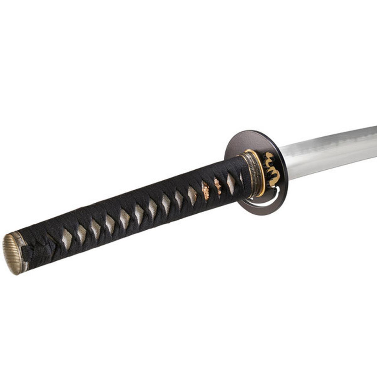 Katana Bushiden Ookaze 73 cm with black cotton handle wrap, brass fittings, high carbon steel blade, and iron tsuba design.