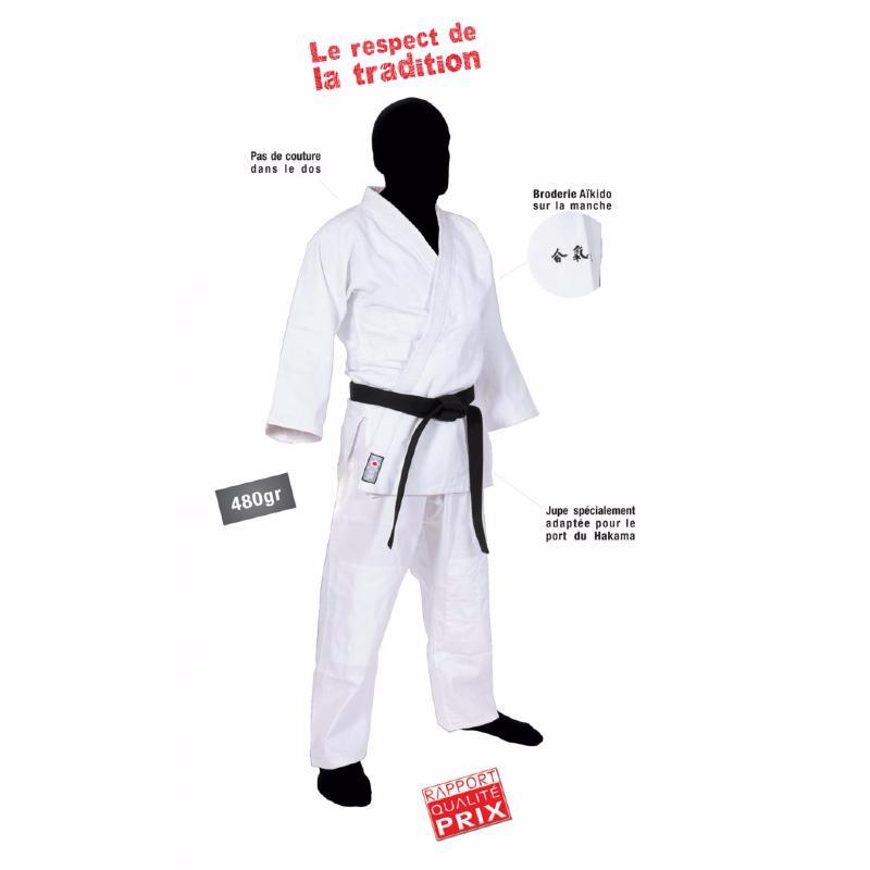 White Kimono Aïkido-gi Dojo Master with black belt, 480g cotton fabric, traditional design, and embroidered sleeve detail