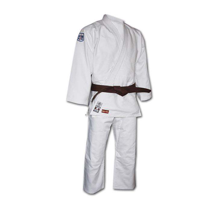 White Kimono de Judo Noris Challenger with reinforced jacket and pants, brown belt, 650g 100% cotton grain de riz fabric for intermediate and competition use