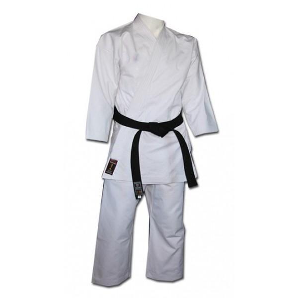 White traditional Japanese cut karate kata gi with black belt, heavy 100% cotton fabric for competition use