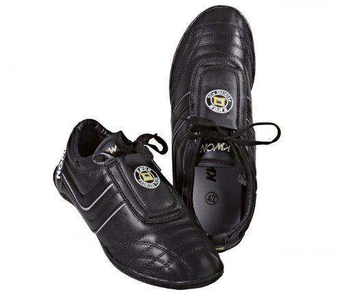 Black Kwon Premiere Plus martial arts shoes with leather upper and synthetic sole, designed for training indoors and outdoors with reflective stripes and logo detail