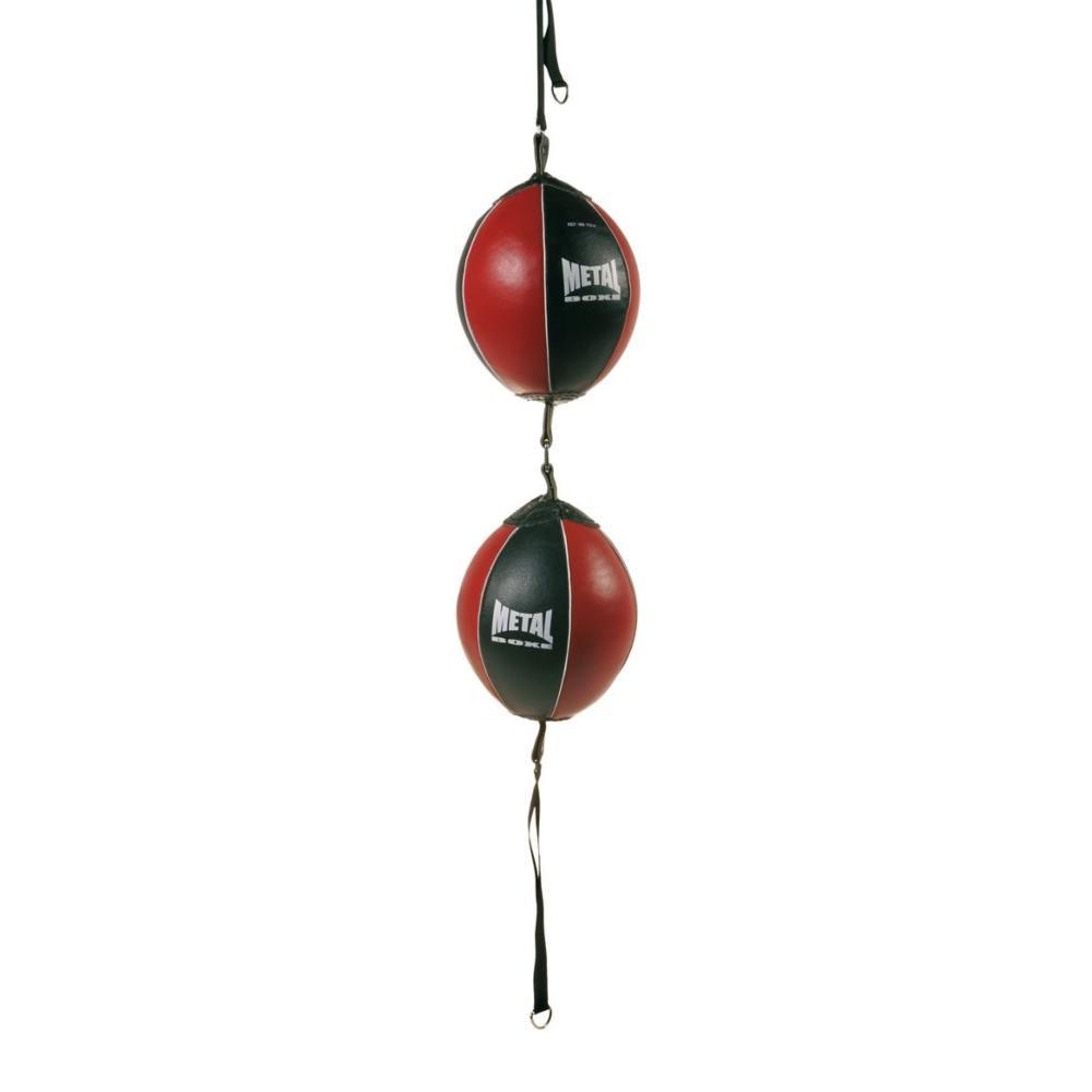 Ballon double attache noir, blanc et rouge en similicuir avec deux ballons suspendus par un élastique, idéal pour entraînement boxe et arts martiaux.