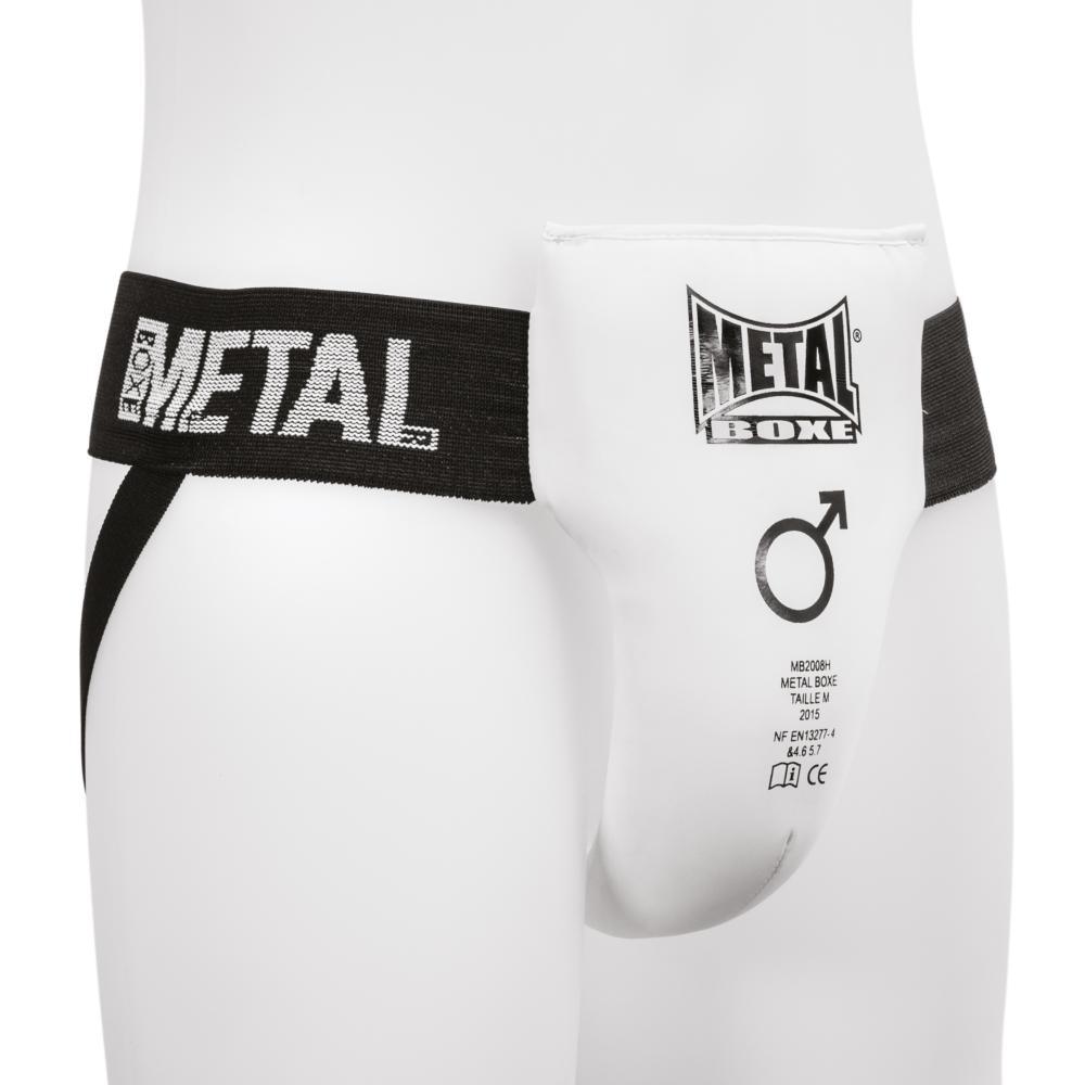 White Coquille Homme Semi-Pro protective cup with black elastic strap for boxing and self-defense by Metal Boxe