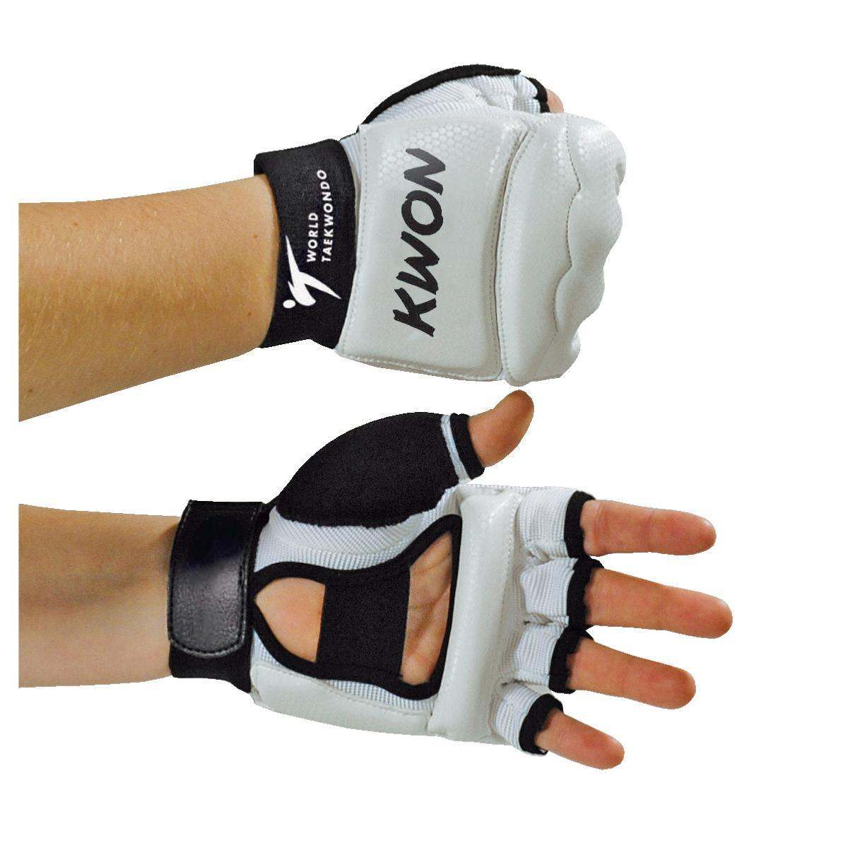 White and black Kwon Taekwondo WT gloves with open fingers and adjustable wrist straps designed for training and competition protection
