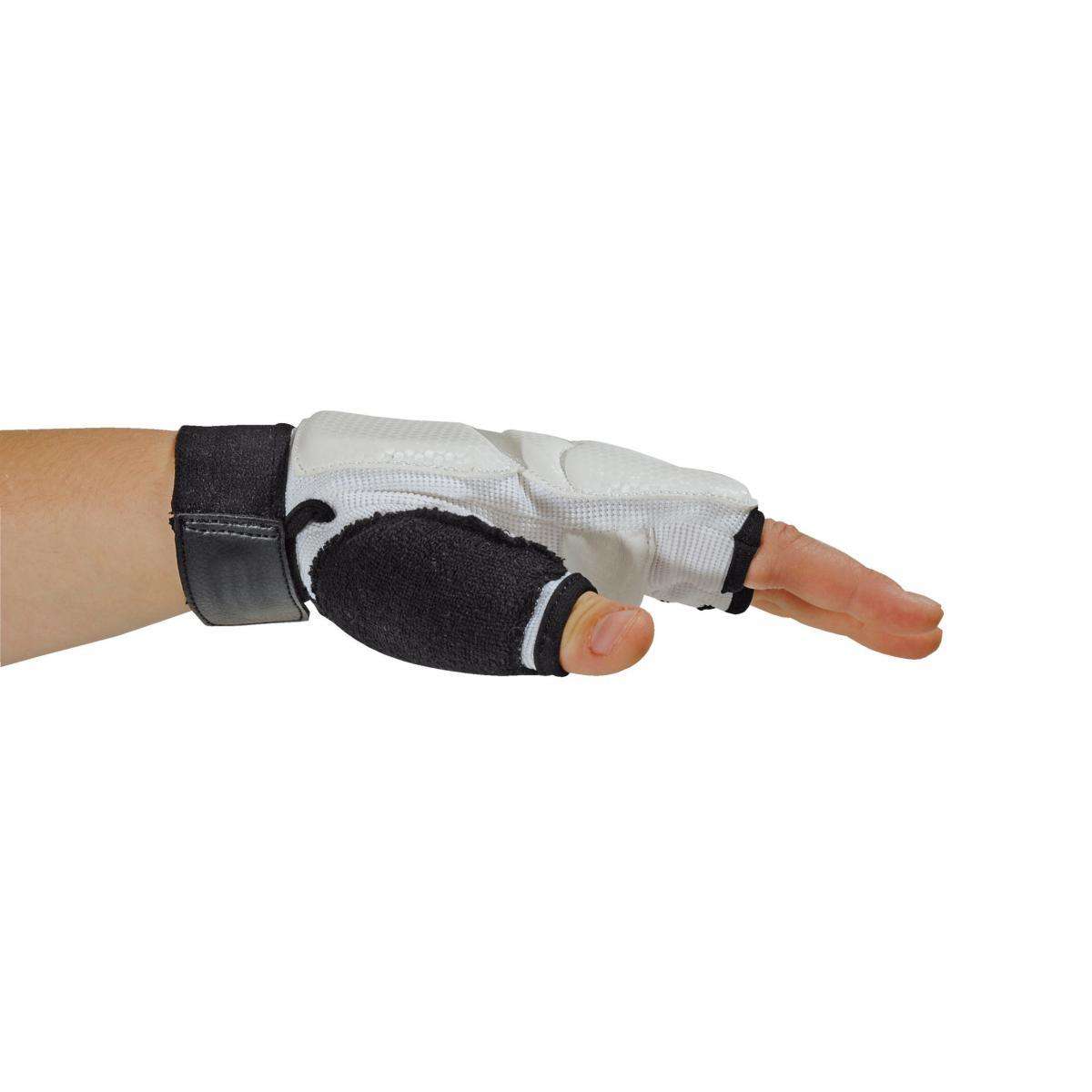 White and black ergonomic Taekwondo WT gloves with open fingers and adjustable wrist strap for training and competition protection