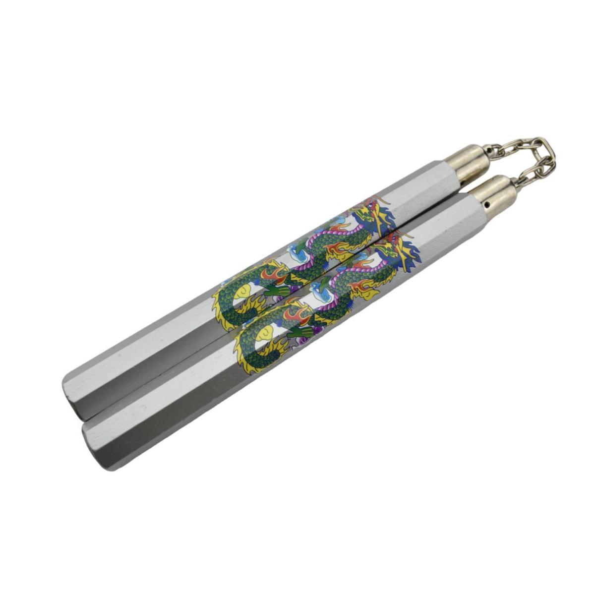 Nunchaku bois chaîne hexagonal dragon gris 31 cm
