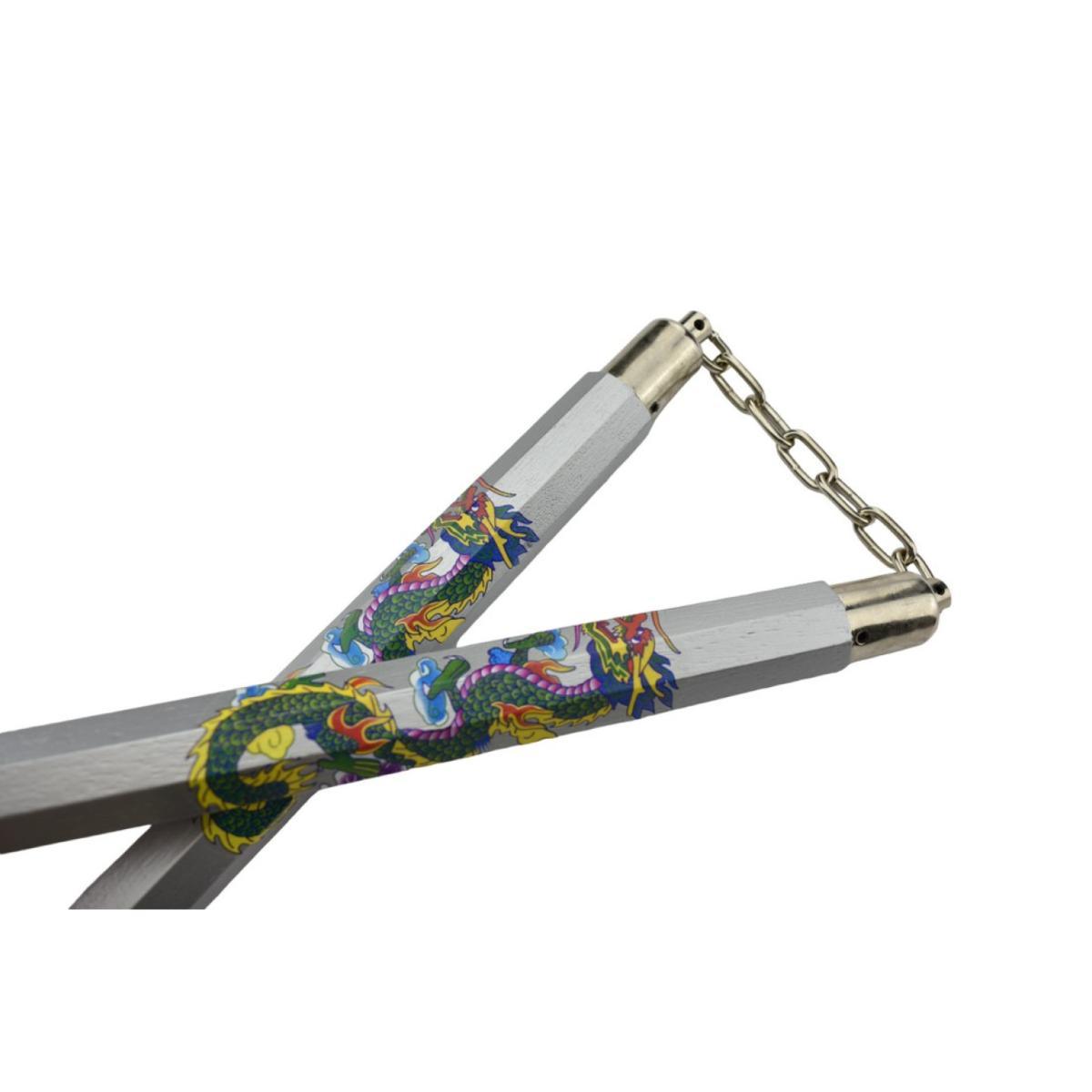 Nunchaku bois chaîne hexagonal dragon gris 31 cm