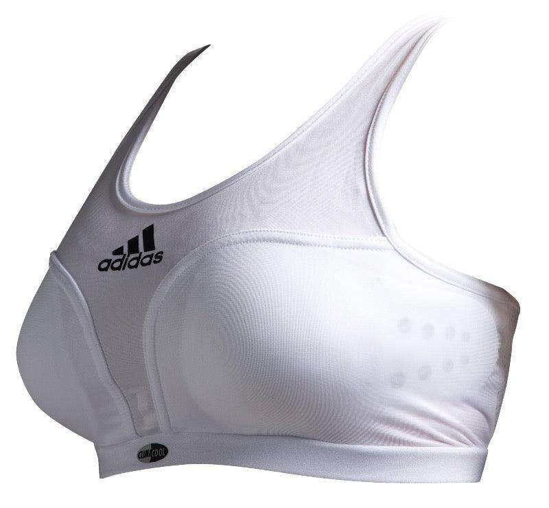 White Adidas sports bra with removable protective cups designed for combat sports and Climacool ventilation technology