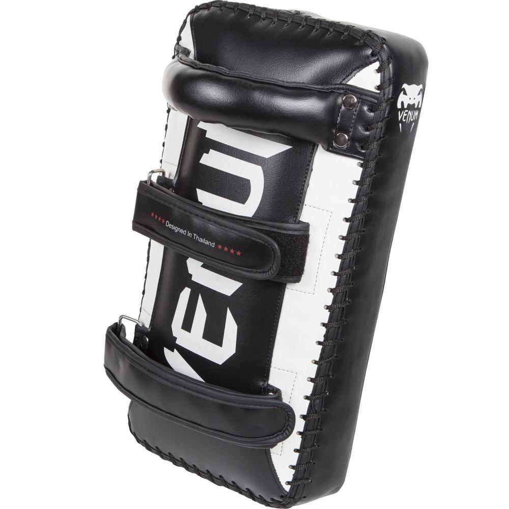 Pair of Venum Pao Giant black and white premium leather kickboxing training pads with multi-density foam and adjustable velcro straps