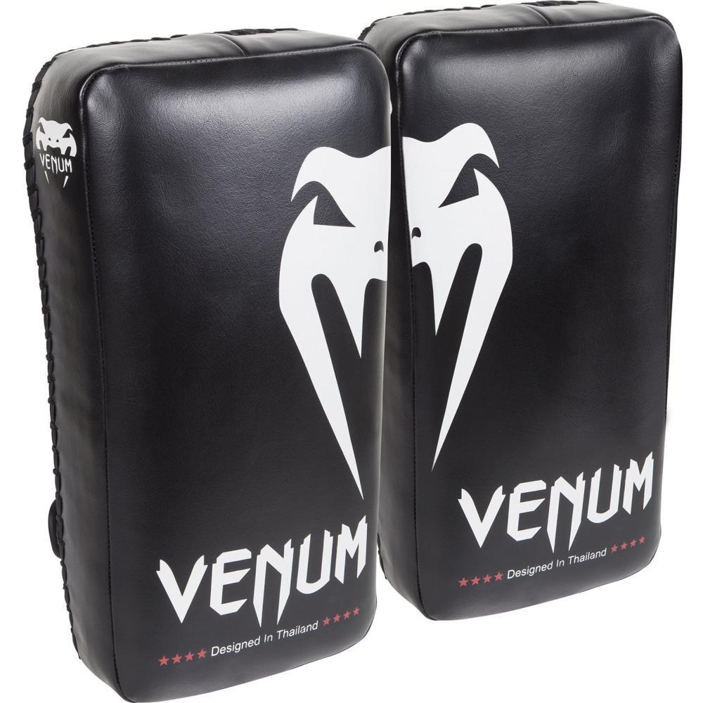 Pair of black and white Venum Pao Giant curved kick pads for martial arts training