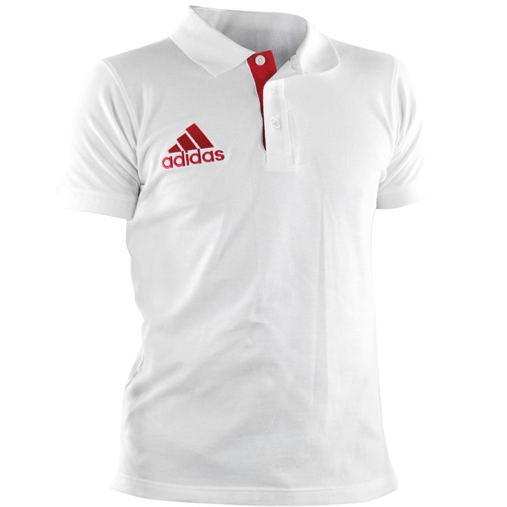 White Adidas Polo Country Line slim-fit short sleeve shirt with red Adidas logo and collar detail, made of 100% cotton piqué fabric