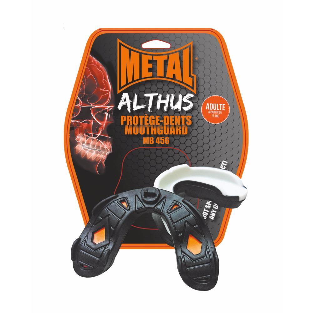 Black and white bi-material mouthguard with shock-absorbing rubber zones, Metal Boxe Althus MB456 in orange and black packaging for adult contact sports protection