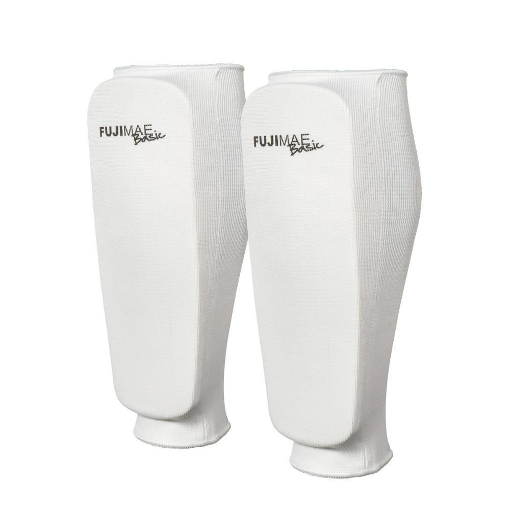 White FUJIMAE Basic shin guards with EVA padding for martial arts protection