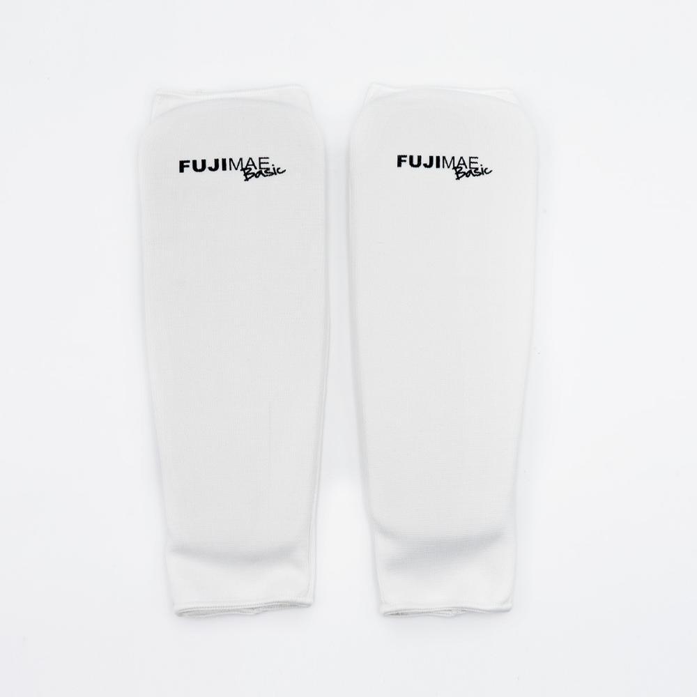White FUJIMAE Basic shin guards for beginner martial arts protection with foam padding