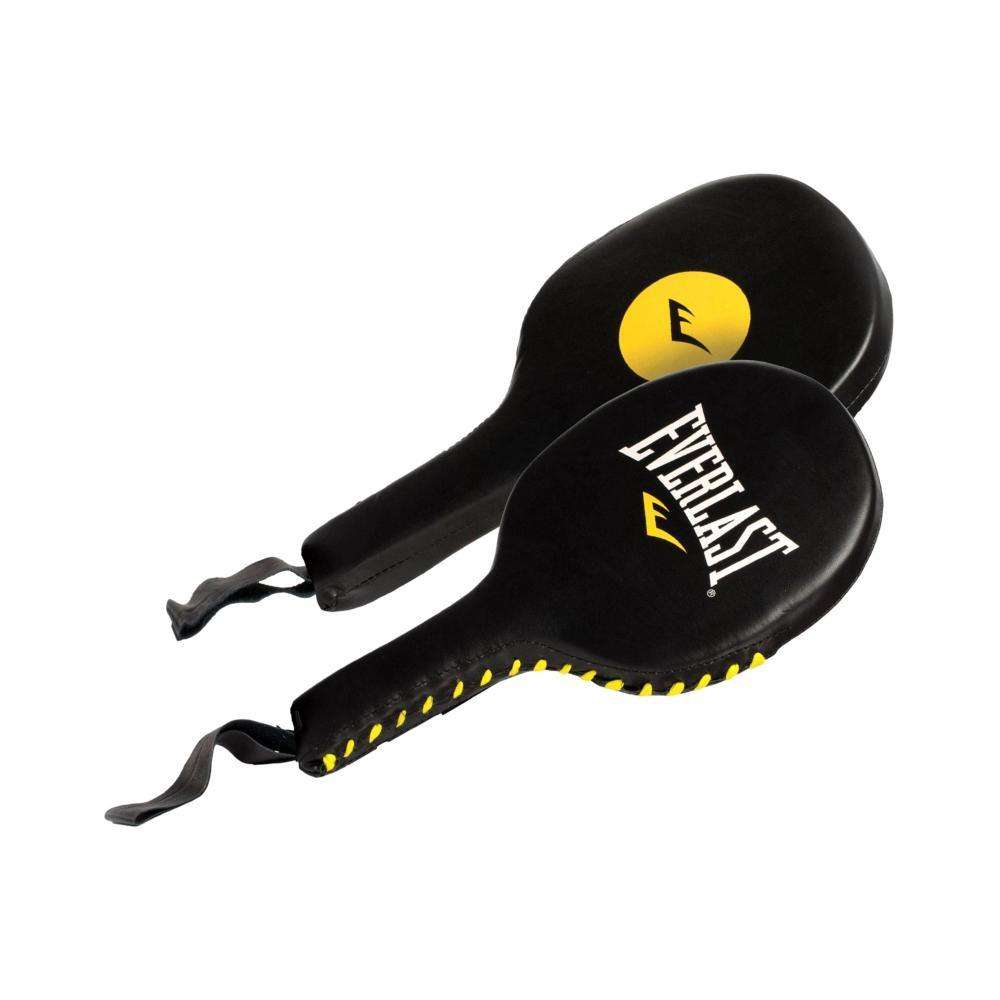 Pair of black and yellow Everlast boxing paddles with cushioned grips for training precision and speed in martial arts and fitness.