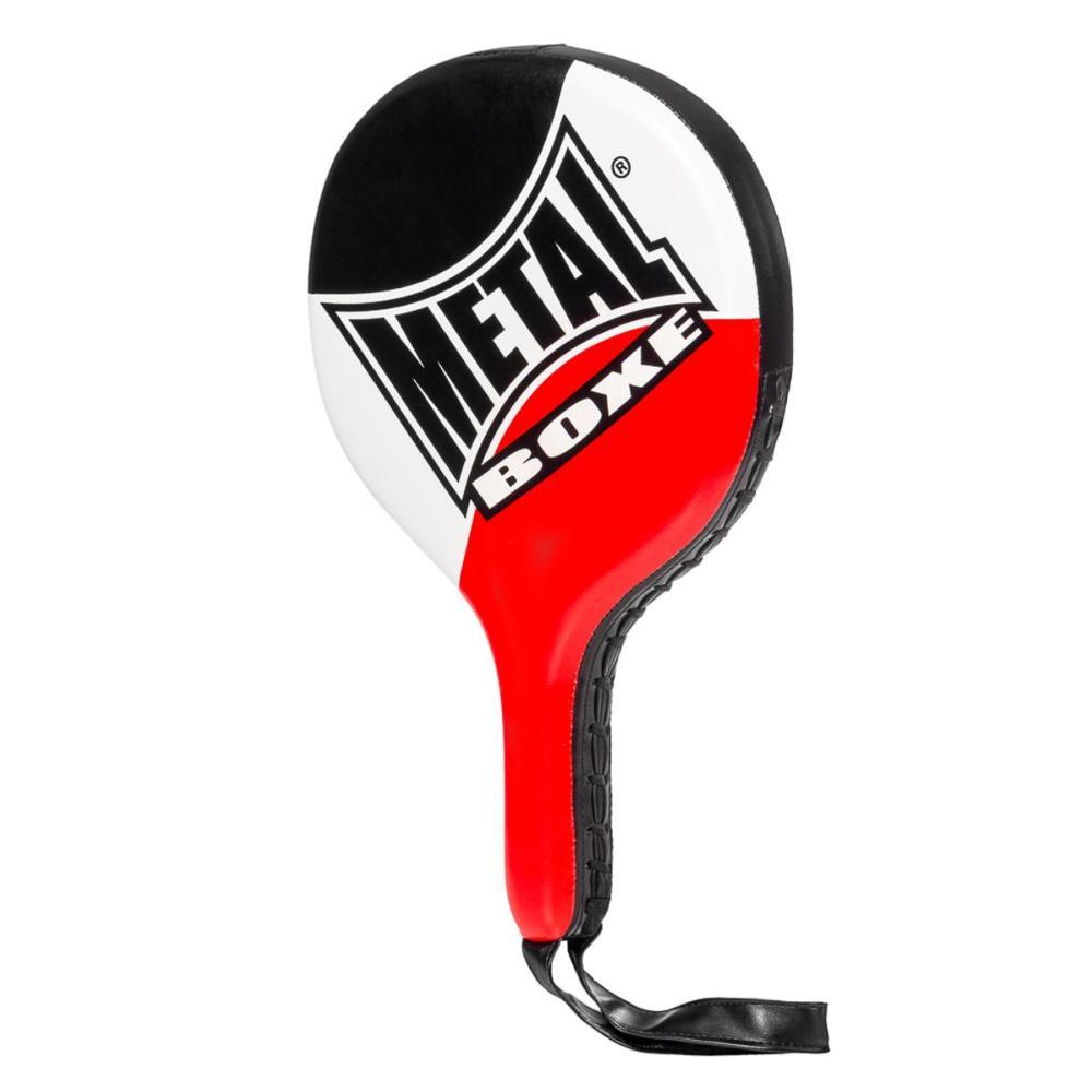 Black, white, and red Metal Boxe Raquette de Frappe paddle with ergonomic handle and wrist strap for boxing training