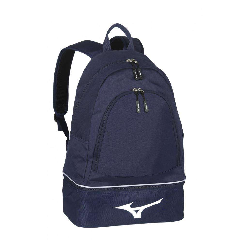 Navy blue Mizuno Sac d'entrainement à dos backpack designed for martial arts with multiple zippered compartments and bottom storage.