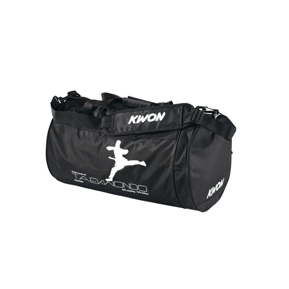 Black Kwon Taekwondo sports bag with white logo and shoulder strap, water-resistant nylon material, compact size for dobok transport.