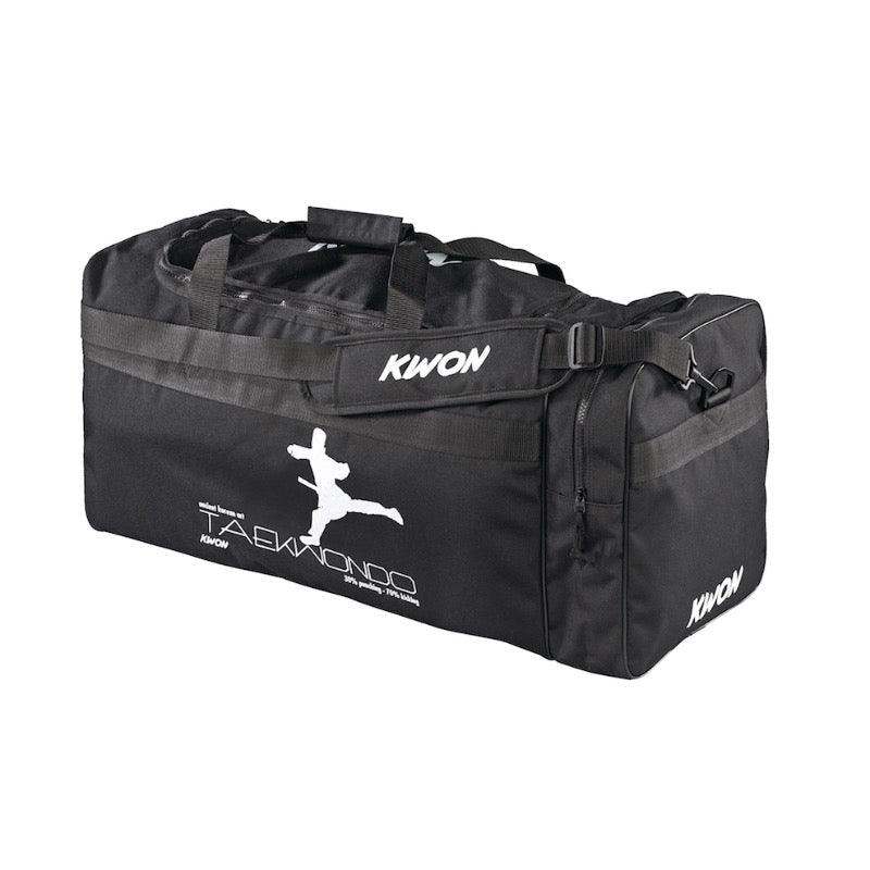 Black Kwon large sports bag with Taekwondo logo, durable cordura material, shoulder strap, and side pocket for martial arts equipment storage.