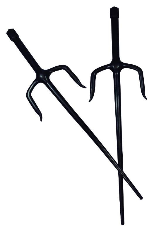 Pair of black lightweight plastic training saï for martial arts practice and demonstrations, approximately 49 cm long and 170 grams each