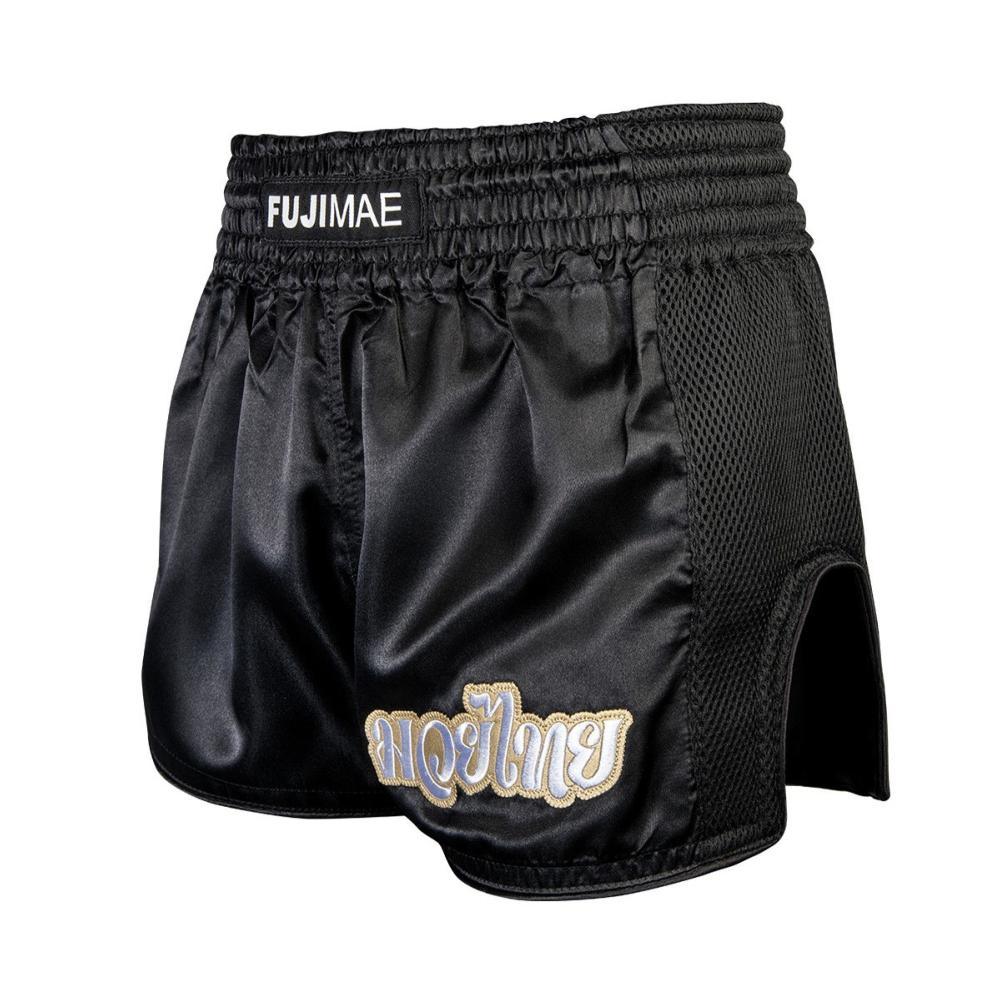 Black FUJIMAE satin polyester Short Boxe Thaï with wide elastic waistband and side mesh for kickboxing and Muay Thai.