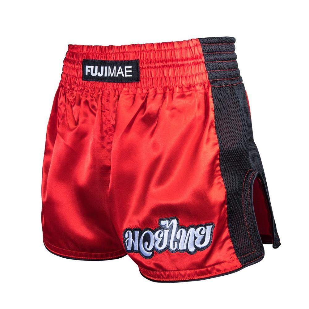 Red FUJIMAE Short Boxe Thaï with wide elastic waistband and black side panels for Muay Thai and Kickboxing training