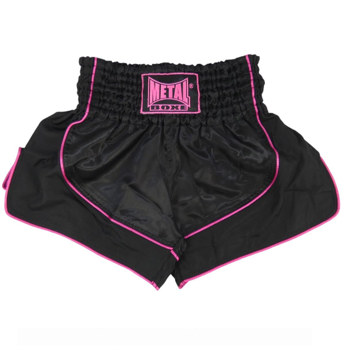 Black and fuchsia Thai boxing shorts with elastic waistband and wide leg openings for women by Metal Boxe