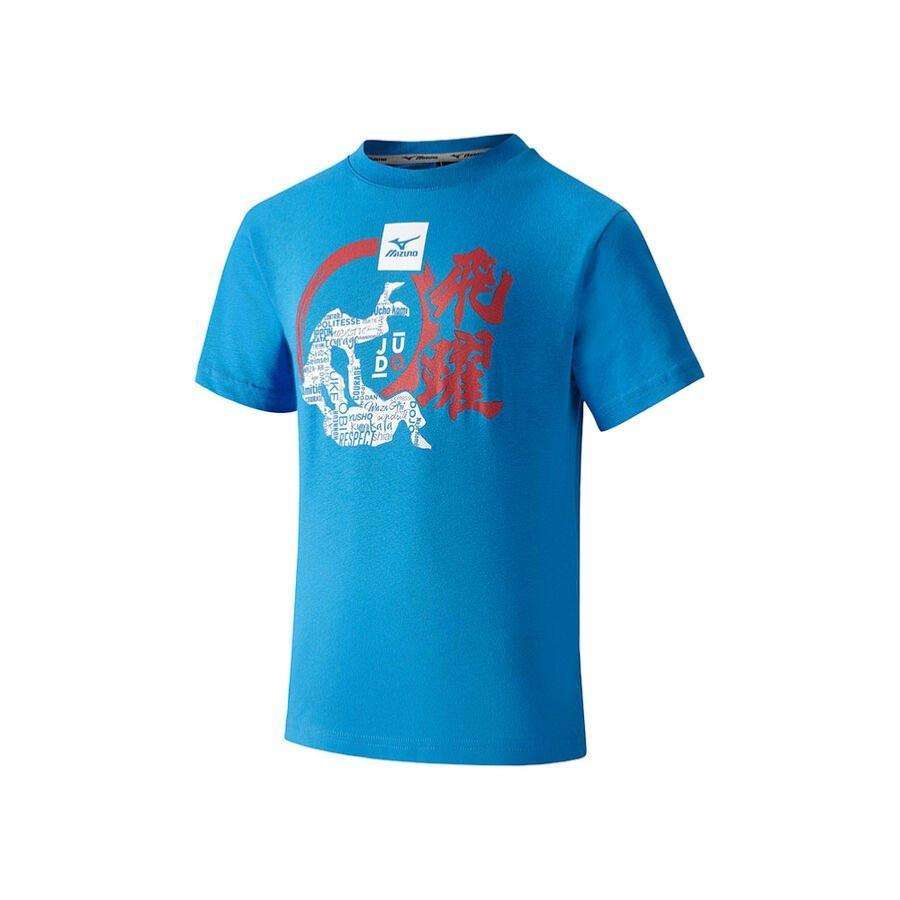 Blue unisex short-sleeve T-shirt for kids with Judo print, 100% cotton, Mizuno Judo Dento design