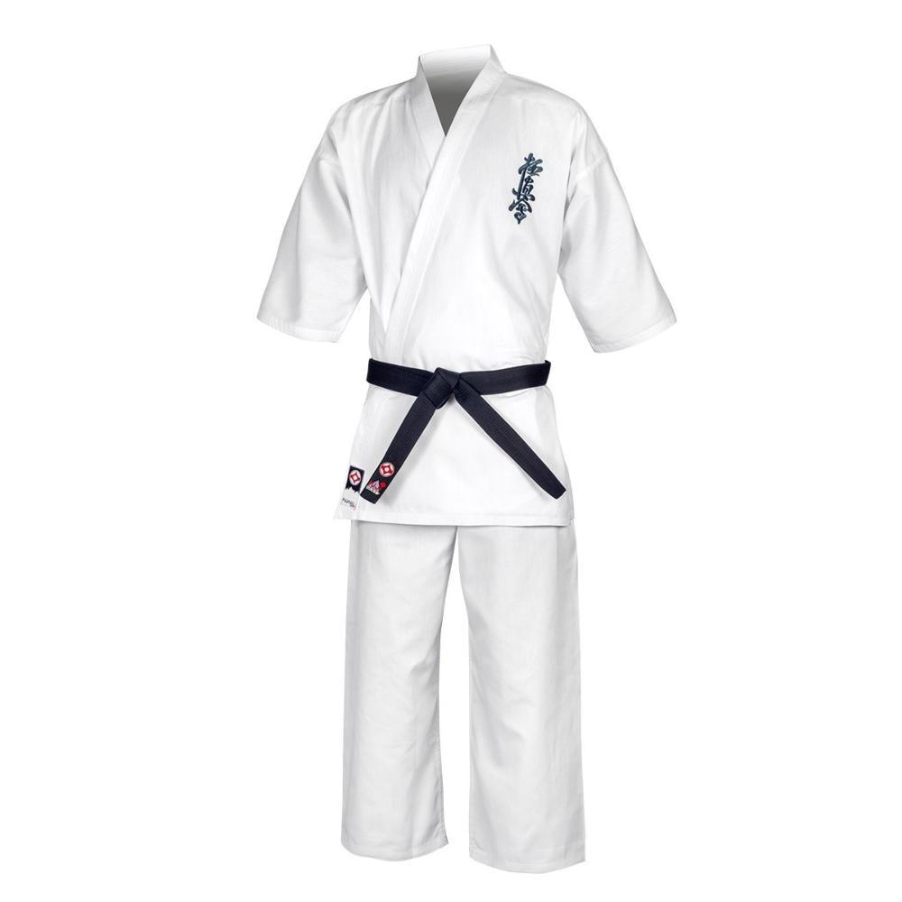 White Karaté Gi Kyokushinkai uniform with blue embroidered kanji and black belt by FUJIMAE for beginner training