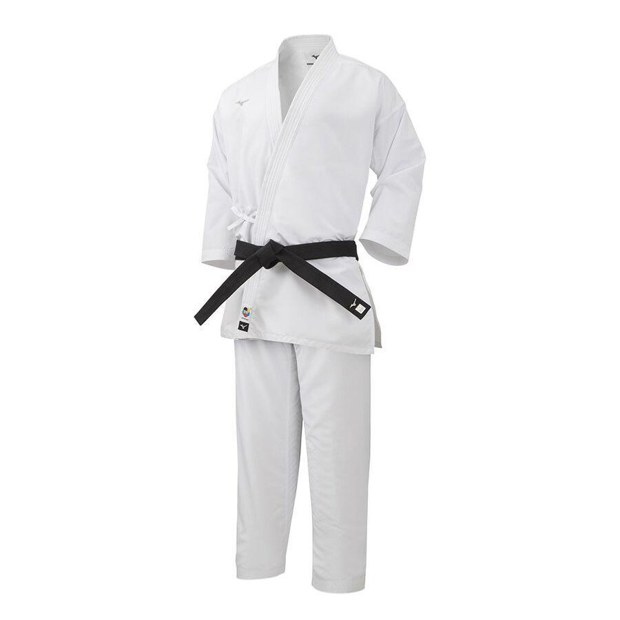 Karaté-gi Mizuno Toshi WKF white lightweight and breathable karate uniform for kumite and combat with black belt