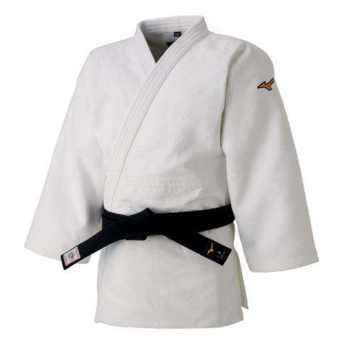White Veste de Judo Mizuno kimono jacket with black belt, cotton-polyester blend, embroidered logos, designed for training and competition