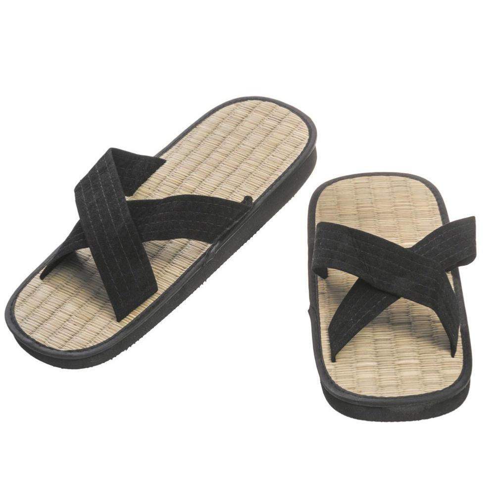 Black velvet strap Zoori en Paille de Riz sandals with natural rice straw sole and lightweight rubber base for martial arts practitioners