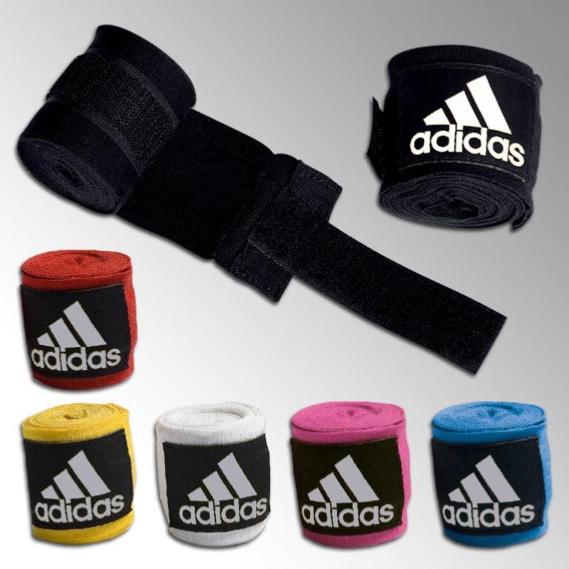 Black and colored Adidas boxing hand wraps with logo, 255 cm elastic wrist support bands for combat sports and MMA training