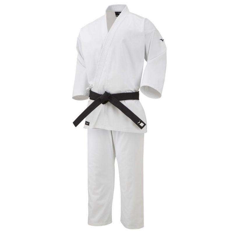 White Karategi Shodan Mizuno karate uniform with black belt, durable fabric and reinforced stitching for regular practice.