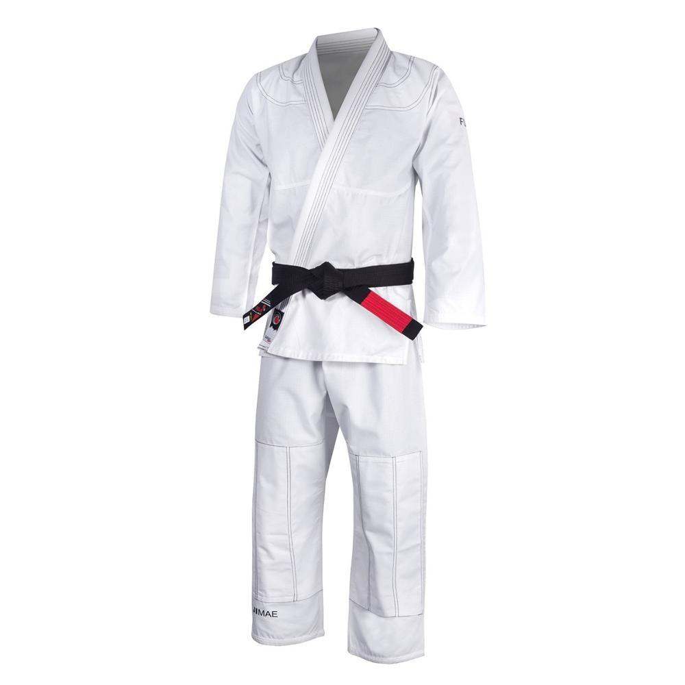 White Jiu Jitsu Brésilien Gi Basic FUJIMAE with black reinforced collar and knees, elastic waist pants with laces, suitable for beginners.
