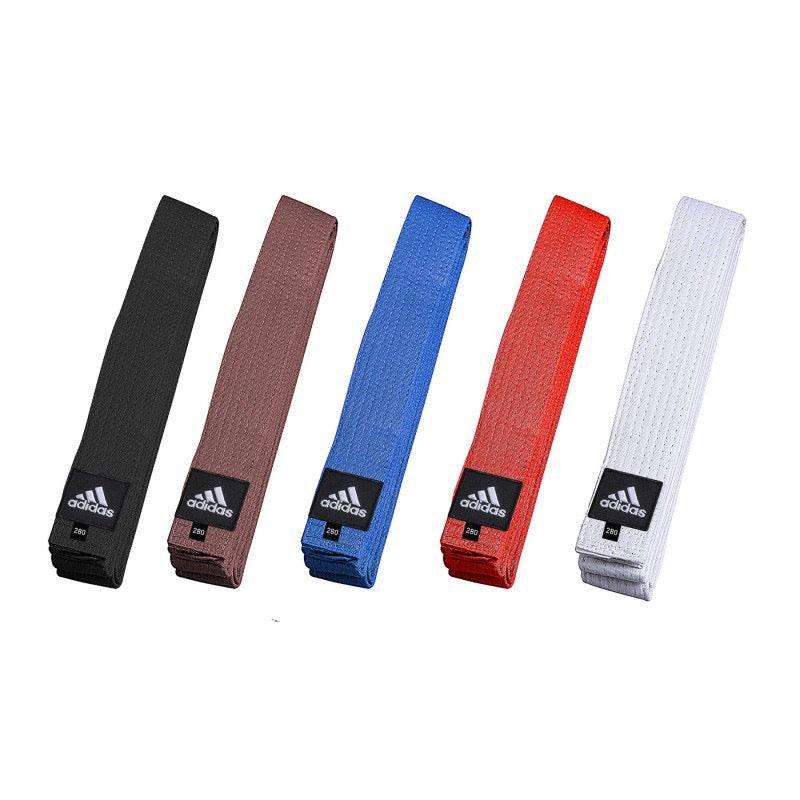 Set of Adidas Elite martial arts belts in black, brown, blue, red, and white, made of 100% cotton with 9 stitches, designed for Judo, Karate, and other martial arts.