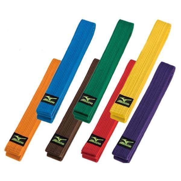 Set of colorful Ceinture Judo Mizuno martial arts belts in blue, green, yellow, orange, brown, red, and purple colors.