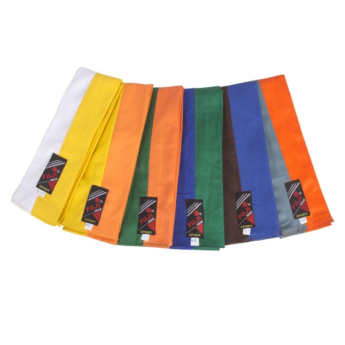 Set of FUJIMAE bicolore Kung Fu belts in various color combinations for martial arts practice