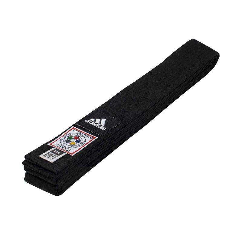 Black Adidas IJF Elite Judo belt with competition certification and Adidas logo patches