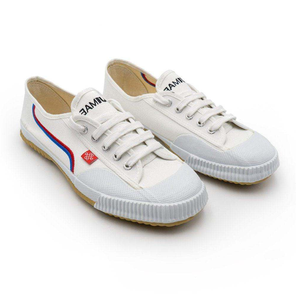 Paire de chaussures Shaolin FUJIMAE blanches avec bande rouge et bleue, basket chinoise pour Kung Fu et Tai Chi