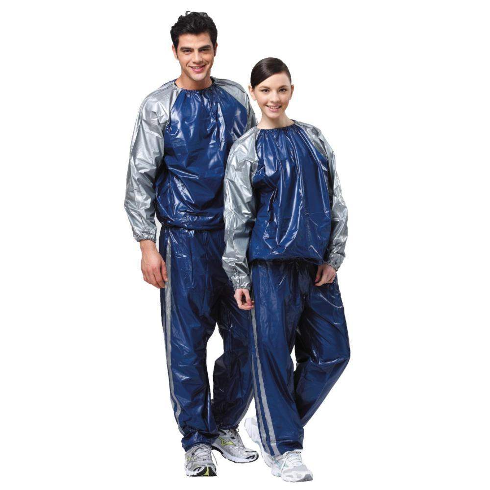 Men and women wearing blue and gray Metal Boxe sweat suits designed for maximum sweating during combat sports and weight management.