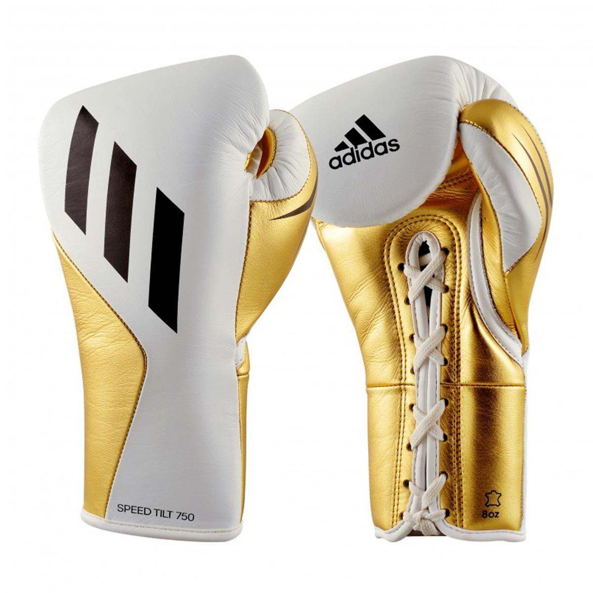Gants de boxe Pro Adidas Speed Tilt 750 or et blanc à lacets, cuir de vachette, technologie Tilt System®, pour combats professionnels.