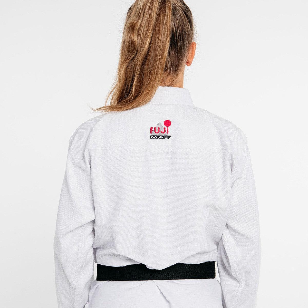 Back view of white Judogi Training FUJIMAE judo gi with black belt on person
